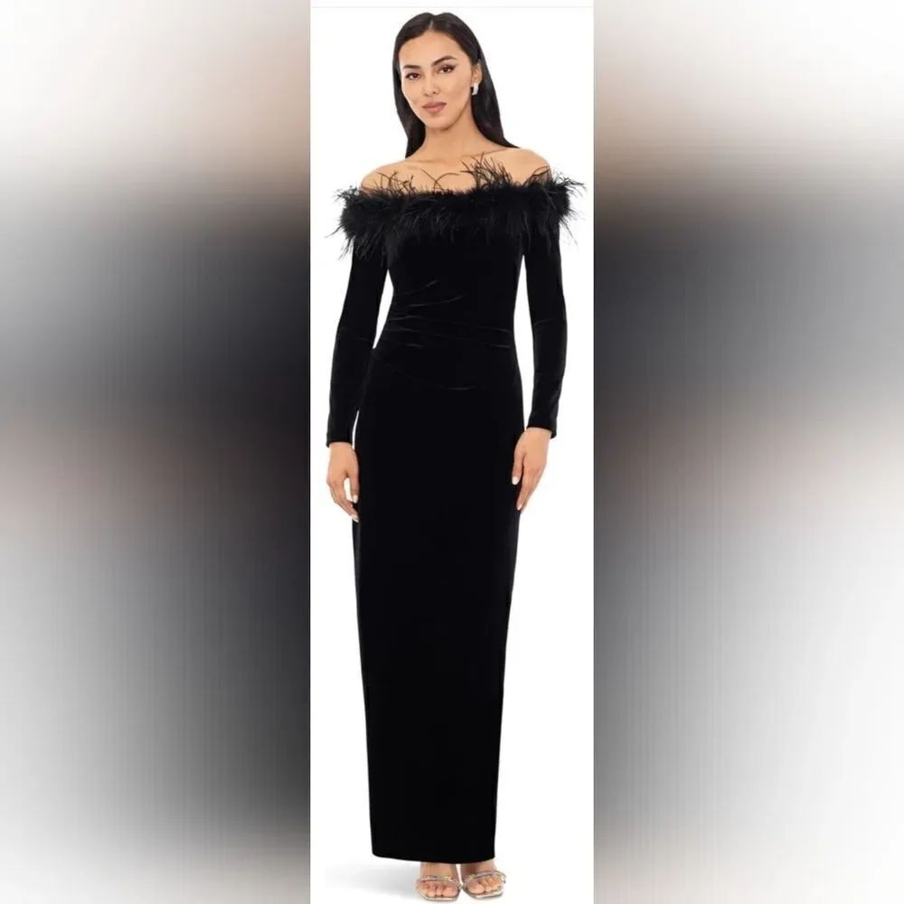 Xscape Evenings Off-The-Shoulder Feather-Trim Velvet Gown NWT size 4 Black